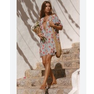 Spell Dress Village Mini Ruffle in Sky Blue Red Floral